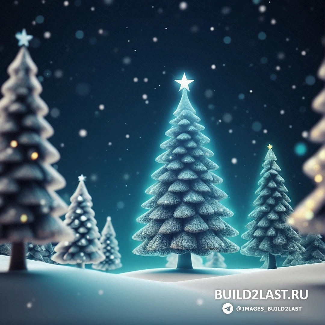 Рождественская елка со звездой на вершине в снегу с синим фоном и звездами на вершинах деревьев