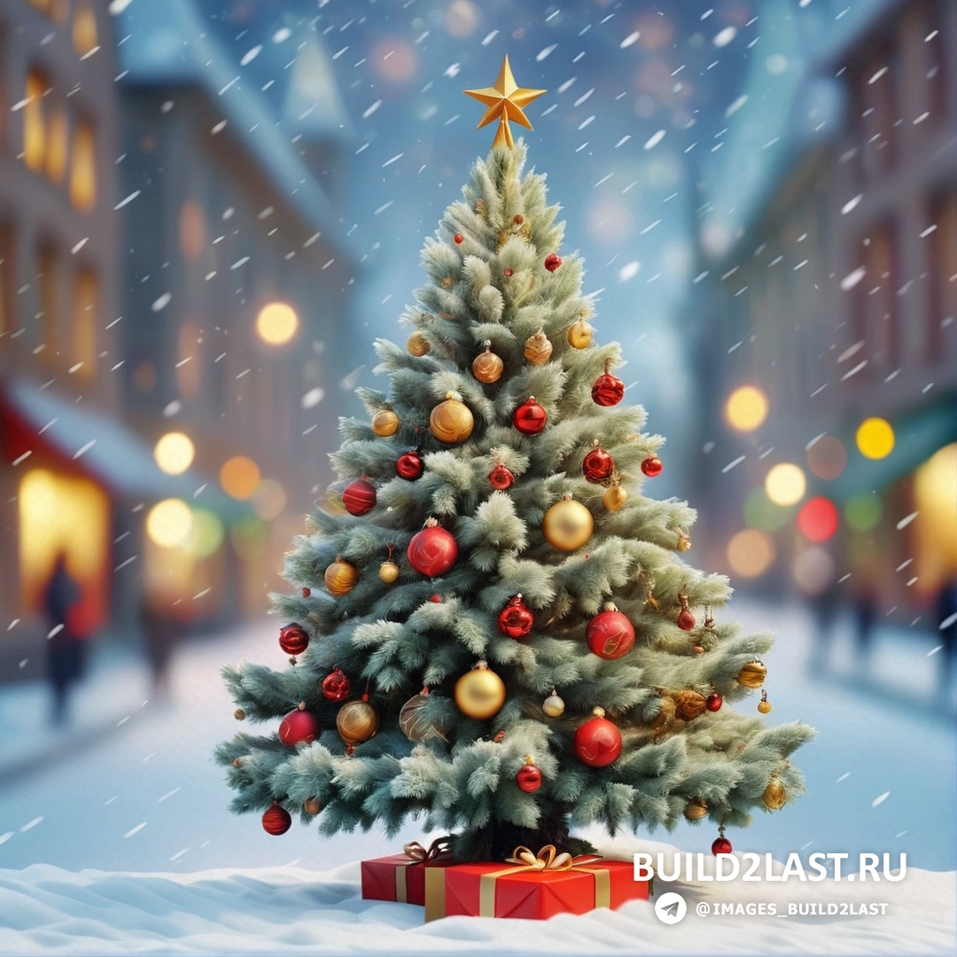 Рождественская елка со звездой на вершине в снегу с красной коробкой и красно-золотым бантом