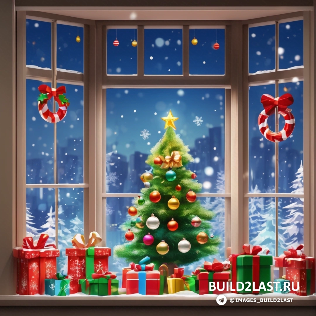 Рождественская елка стоит перед окном с подарками и венком