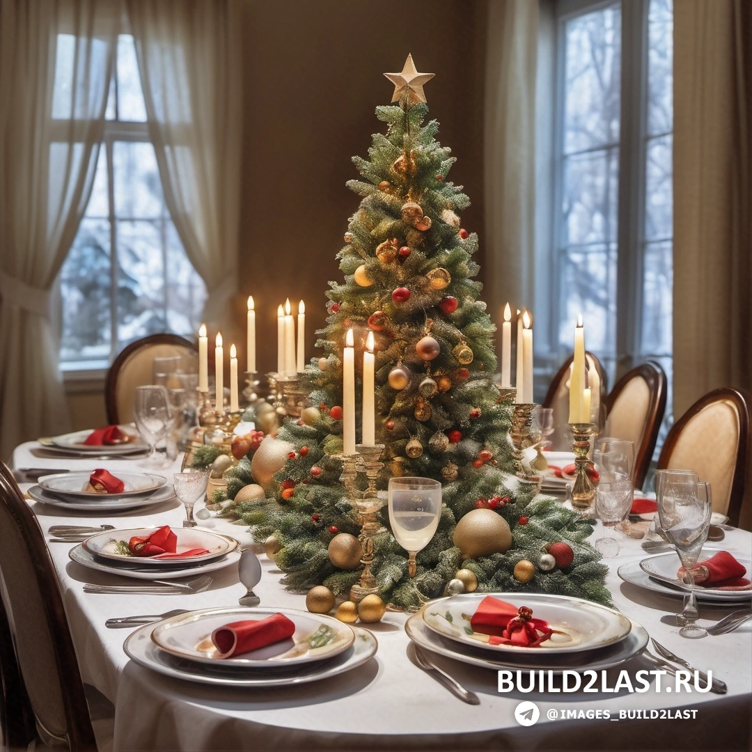 Рождественская елка украшена золотыми и красными украшениями и свечами на столе с тарелками и столовым серебром
