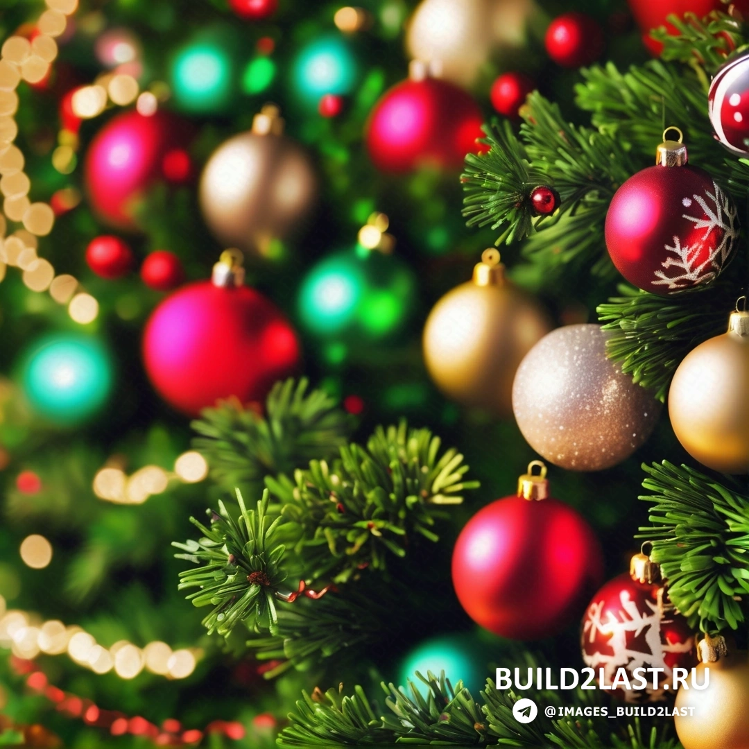 Рождественская елка с украшениями и огнями на ветвях и красной лентой на елке — зелено-красная рождественская елка