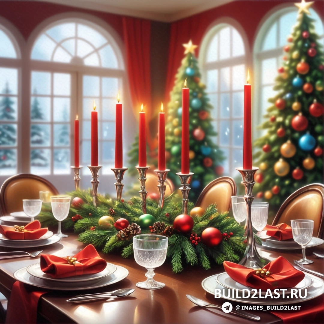 Рождественская сервировка стола со свечами и украшениями