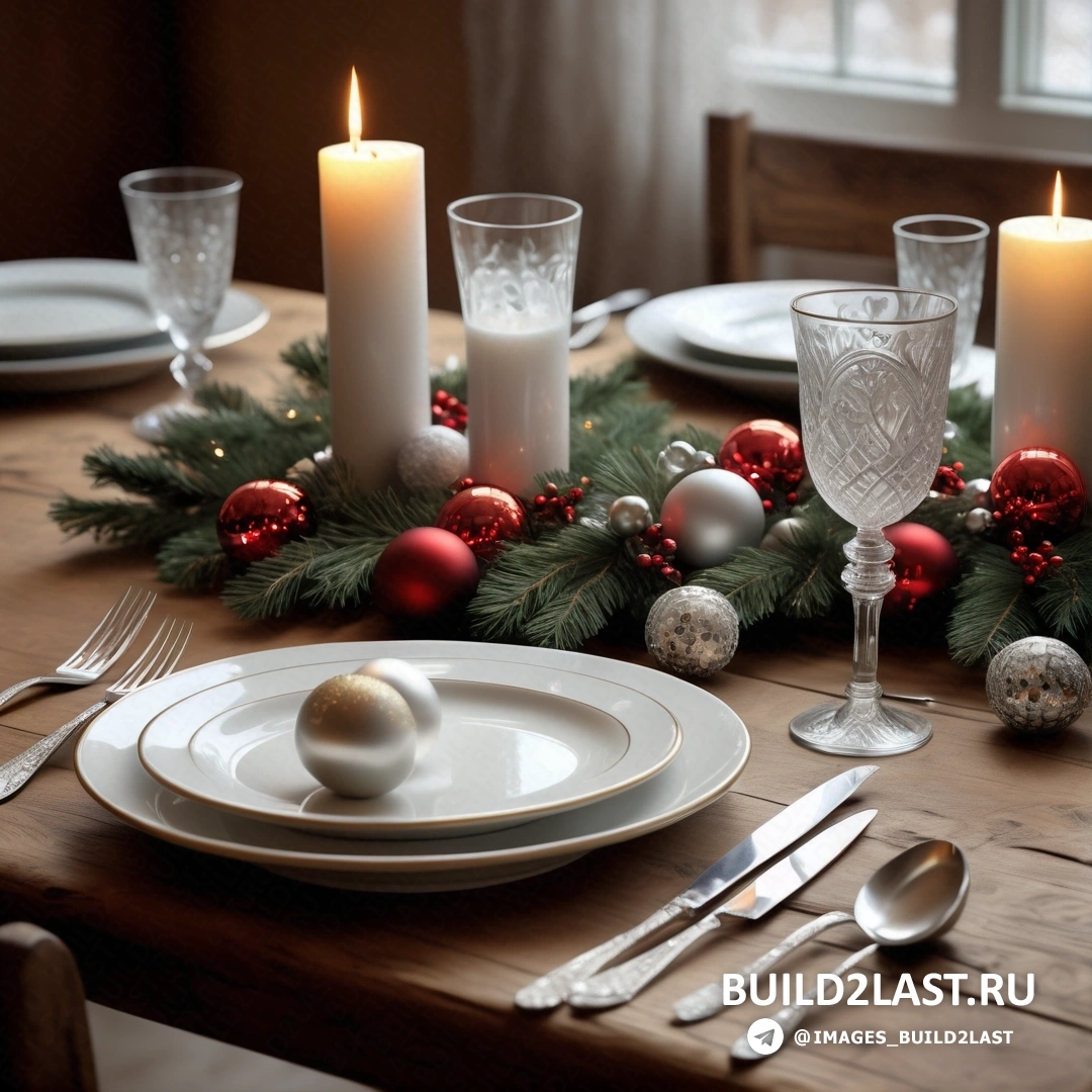 Рождественский стол со свечами и украшениями и тарелка с серебряным шаром