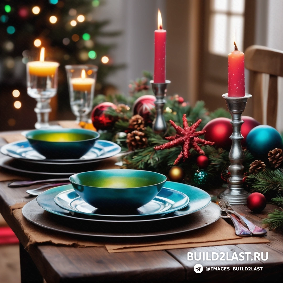 Рождественский стол со свечами и украшениями и рождественская елка с зажженной свечой