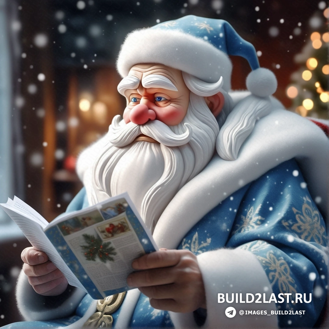 Санта-Клаус читает книгу на снегу с рождественской елкой