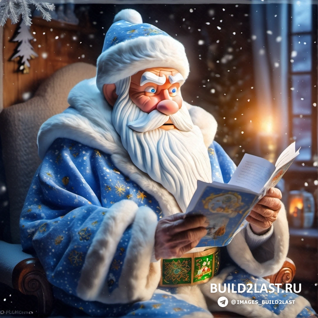 Санта-Клаус читает книгу в кресле на снегу с зажженной свечой в руке и рождественской елкой