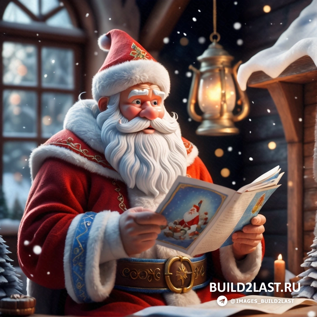 Санта-Клаус читает книгу в заснеженной сцене с фонарем и рождественской елкой