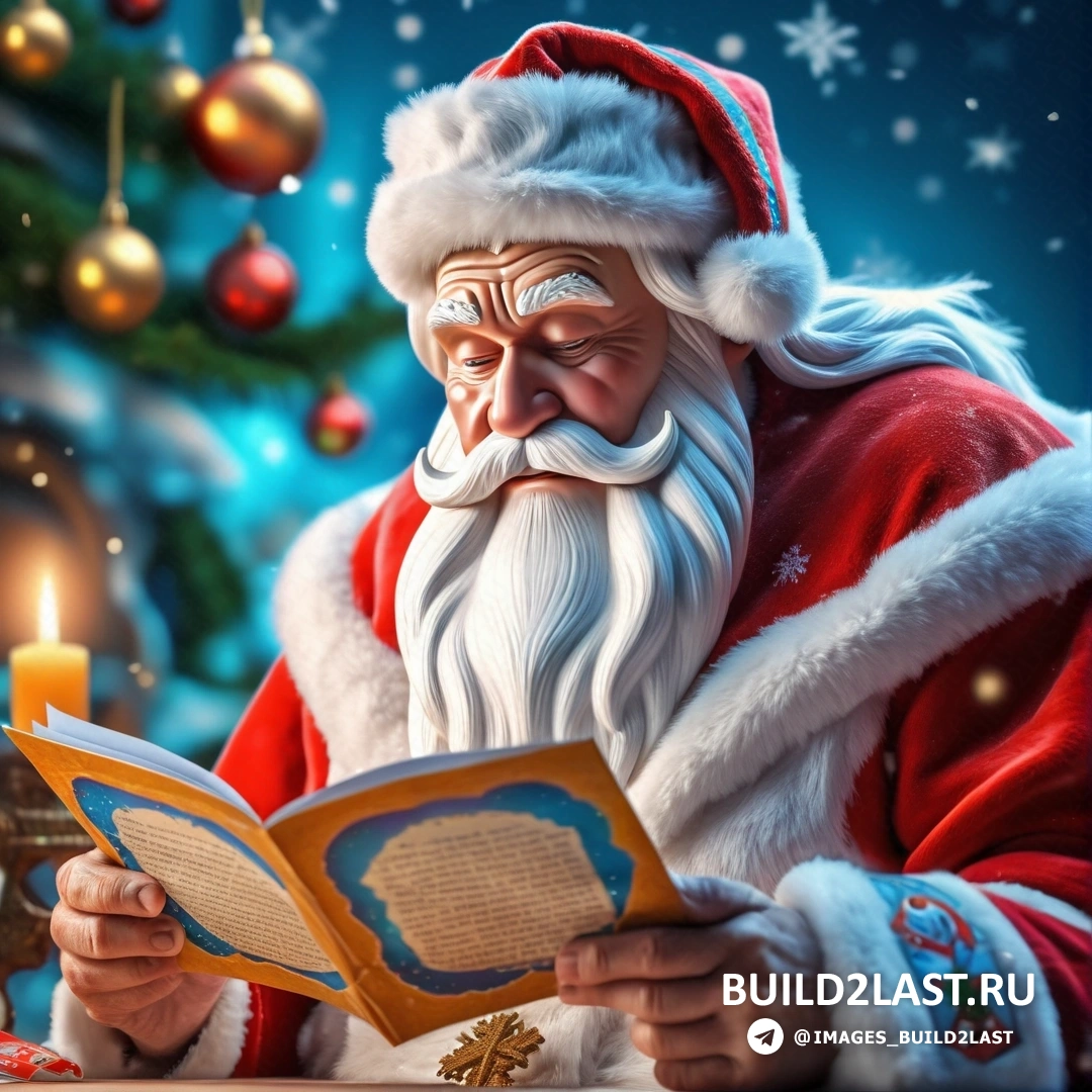 Дед мороз читает книгу с зажженной свечой перед ним и рождественской елкой