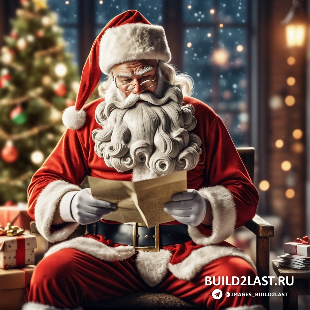 Санта-Клаус читает письмо Санта-Клаусу перед рождественской елкой с подарками на полу