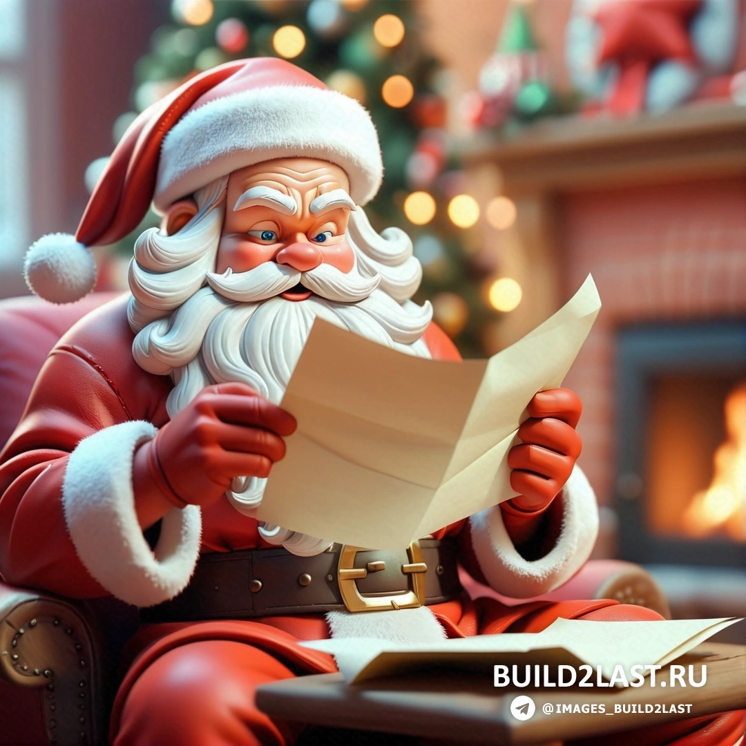 Санта-Клаус читает письмо перед камином с рождественской елкой