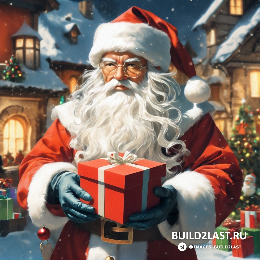 Санта-Клаус держит красную коробку перед рождественской сценой с домом и елкой