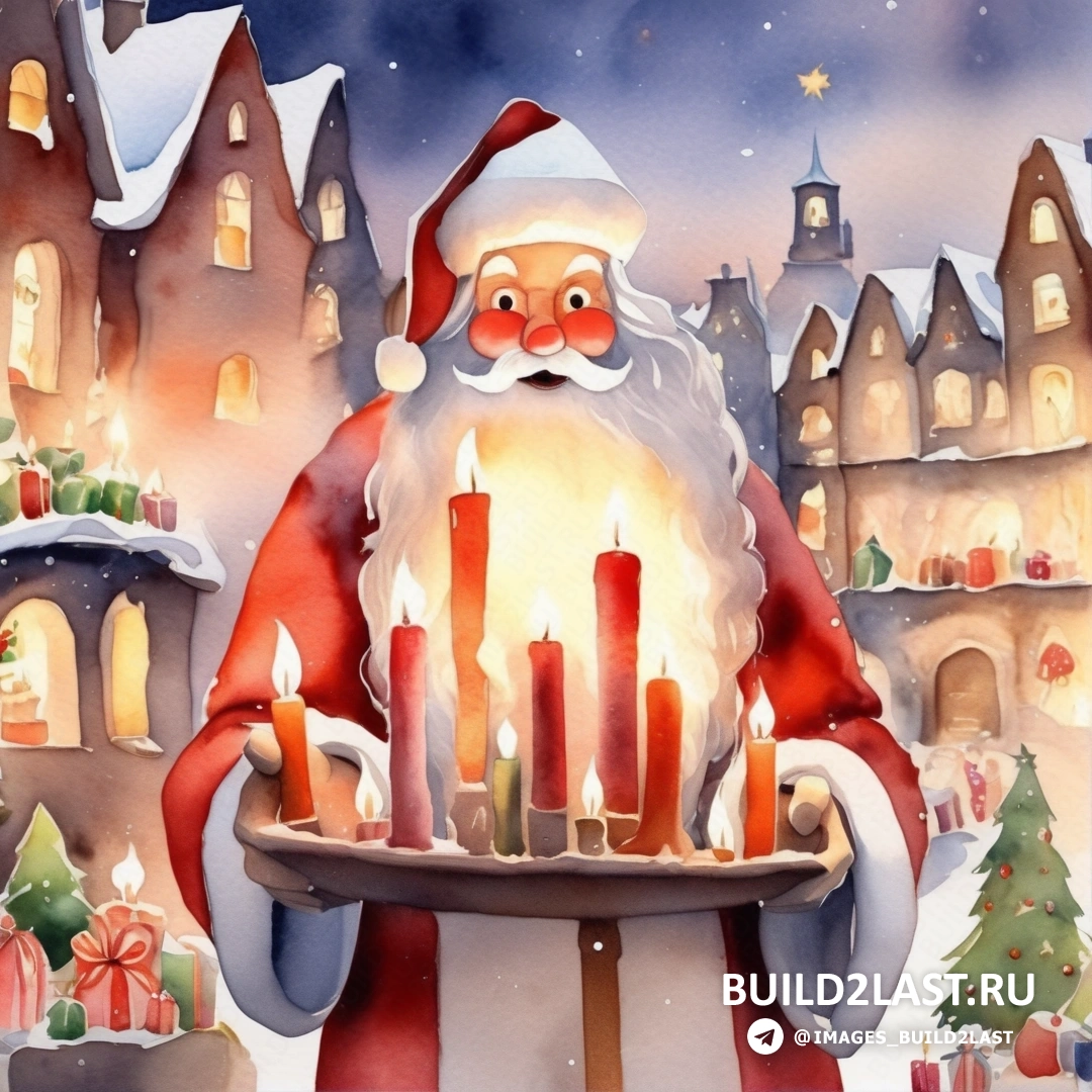 Санта-Клаус держит поднос со свечами и рождественская сцена с домами и деревьями