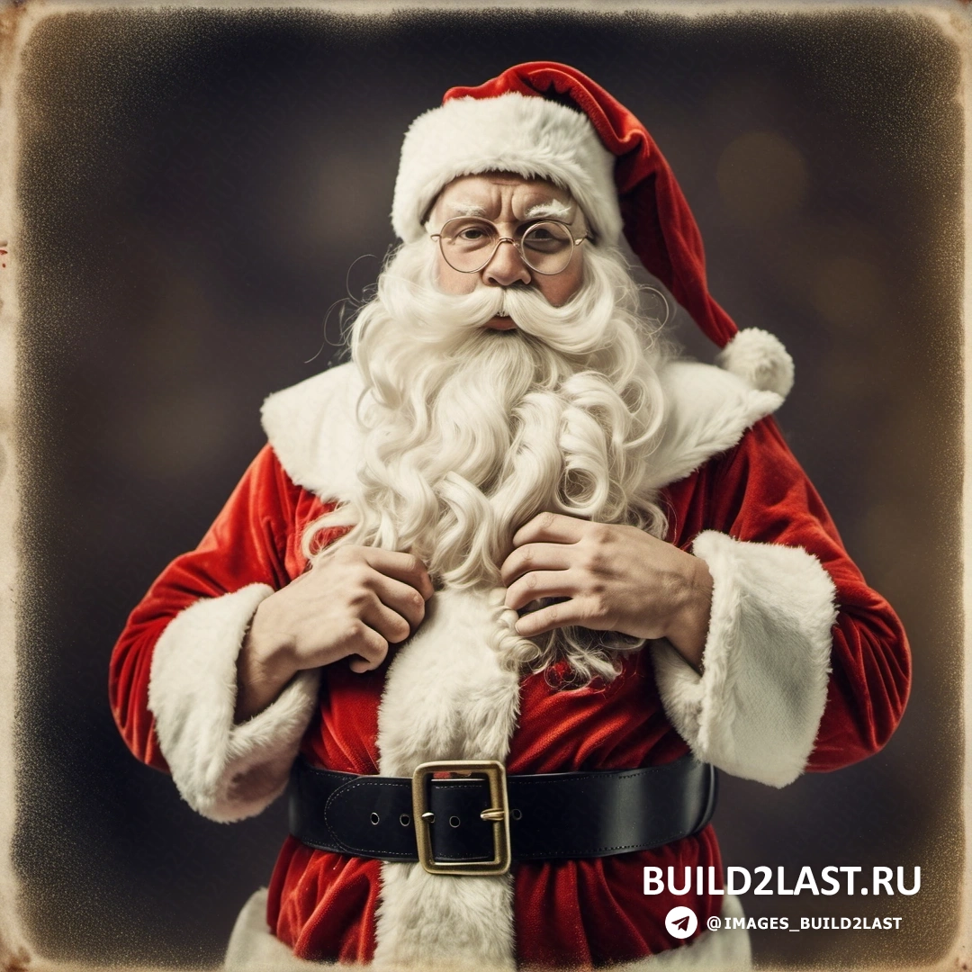 Санта-Клаус держит руки в карманах и смотрит в камеру с серьезным выражением лица