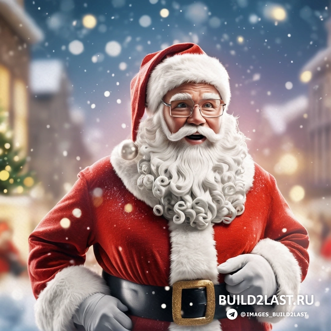 Санта-Клаус держит в руках мешок с подарками и рождественскую елку с падающим снегом