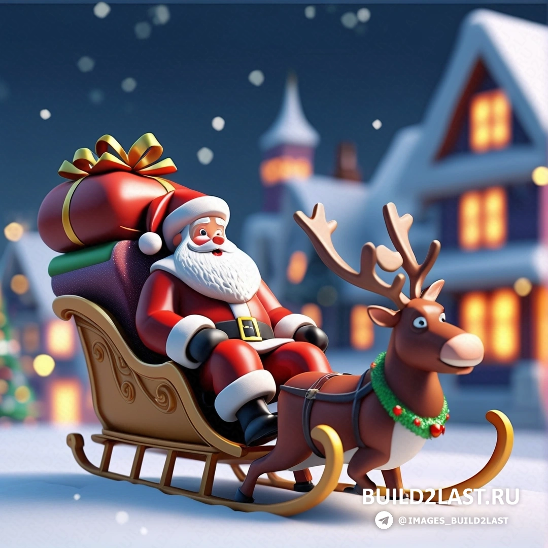 Санта-Клаус едет в санях с оленями на спине перед заснеженной деревней
