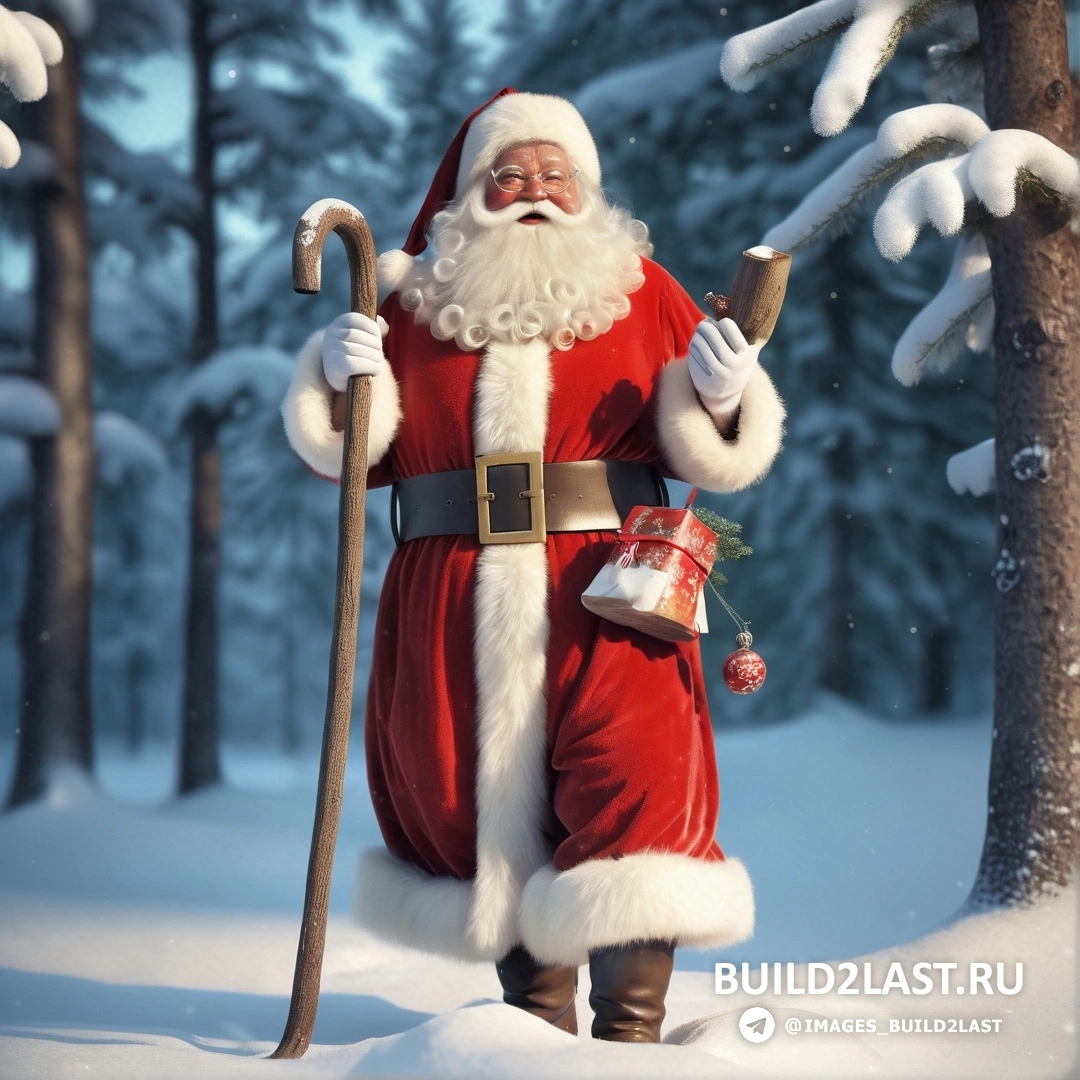 Санта-Клаус идет по снегу с тростью