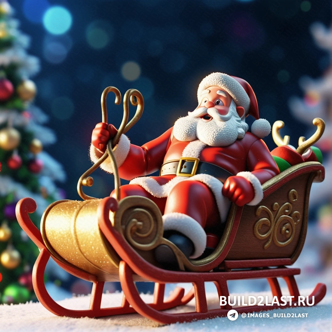 Санта-Клаус катается на санях с рождественской елкой