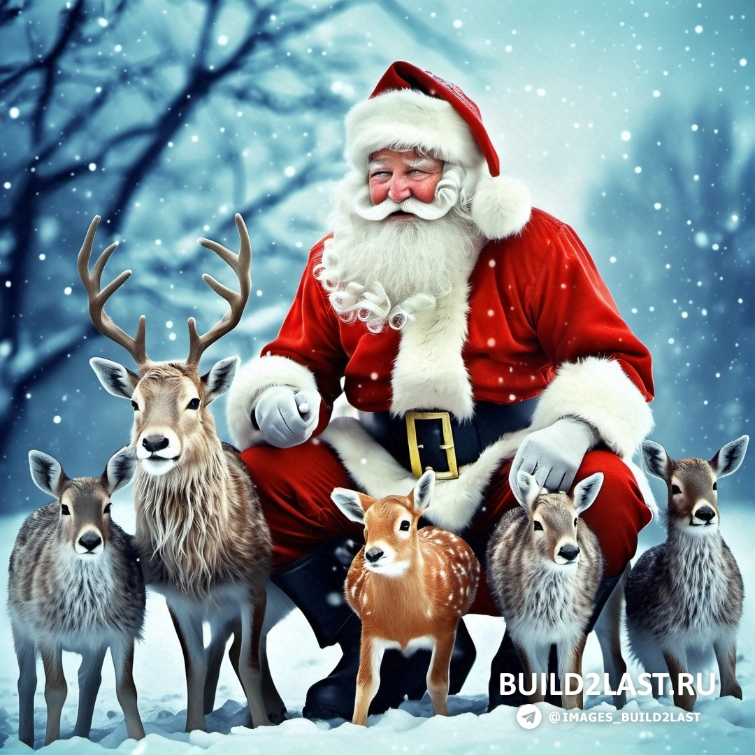 Санта-Клаус на оленях с оленями в снегу и лесным фоном со снегом