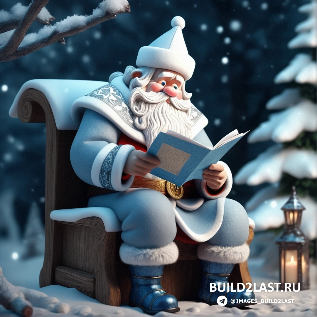 Санта-Клаус на скамейке и читает письмо на снегу с фонарем