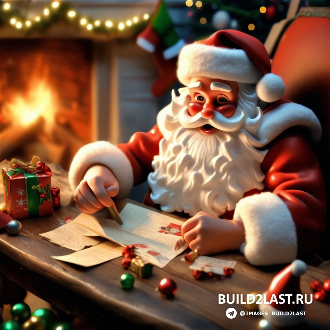 Санта-Клаус пишет письмо перед камином с рождественскими украшениями