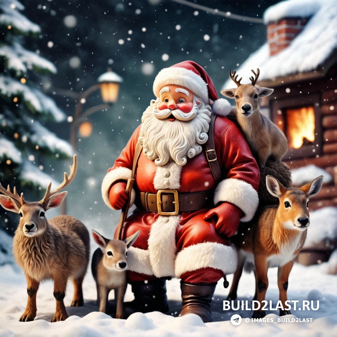 Санта-Клаус с оленями в заснеженной сцене с хижиной и рождественской елкой