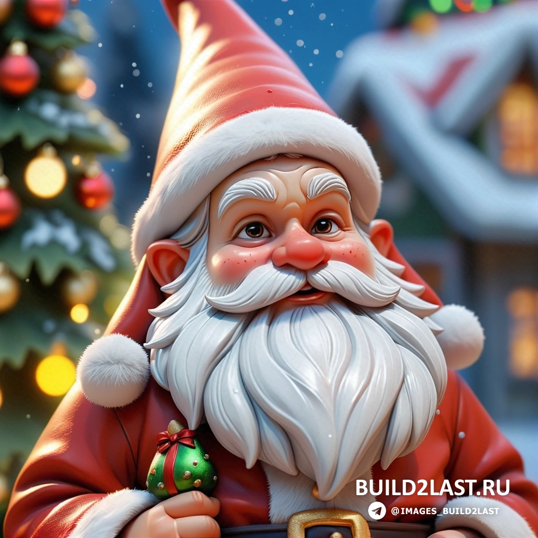 Санта-Клаус с рождественским украшением в руке и рождественская елка с огнями
