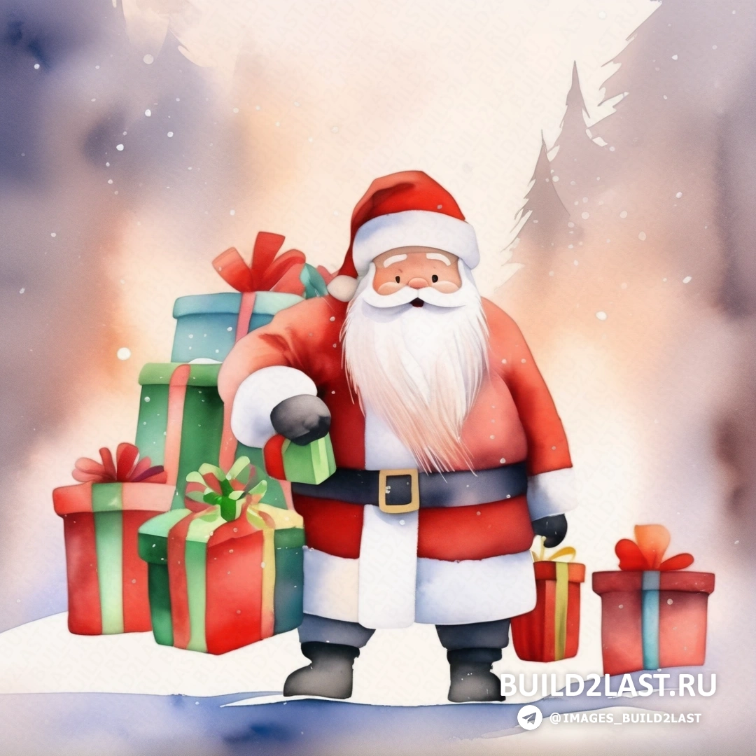 Санта-Клаус стоит на снегу с подарками в руке