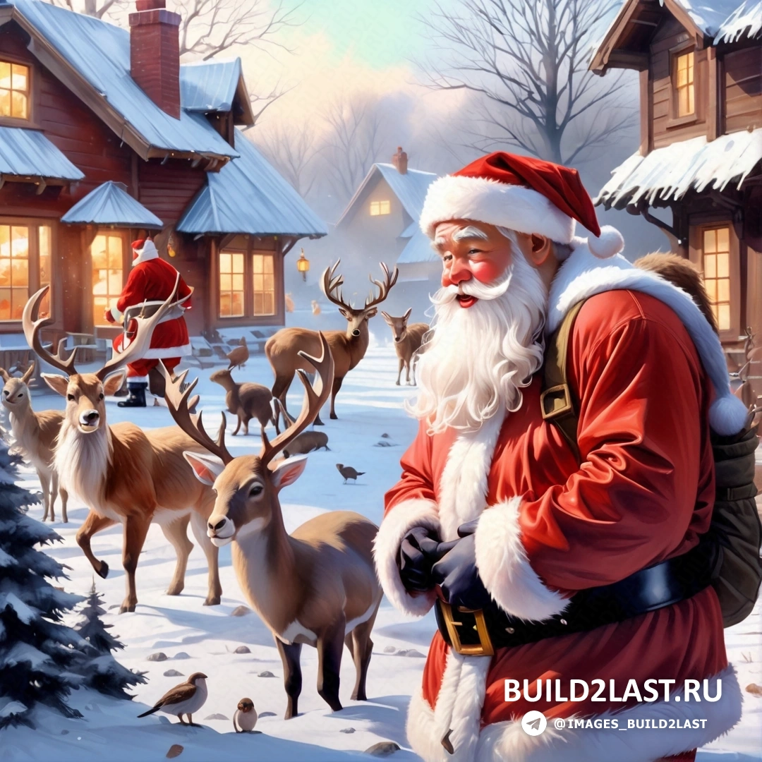 Санта-Клаус стоит перед рождественской елкой и оленями в снегу на фоне дома