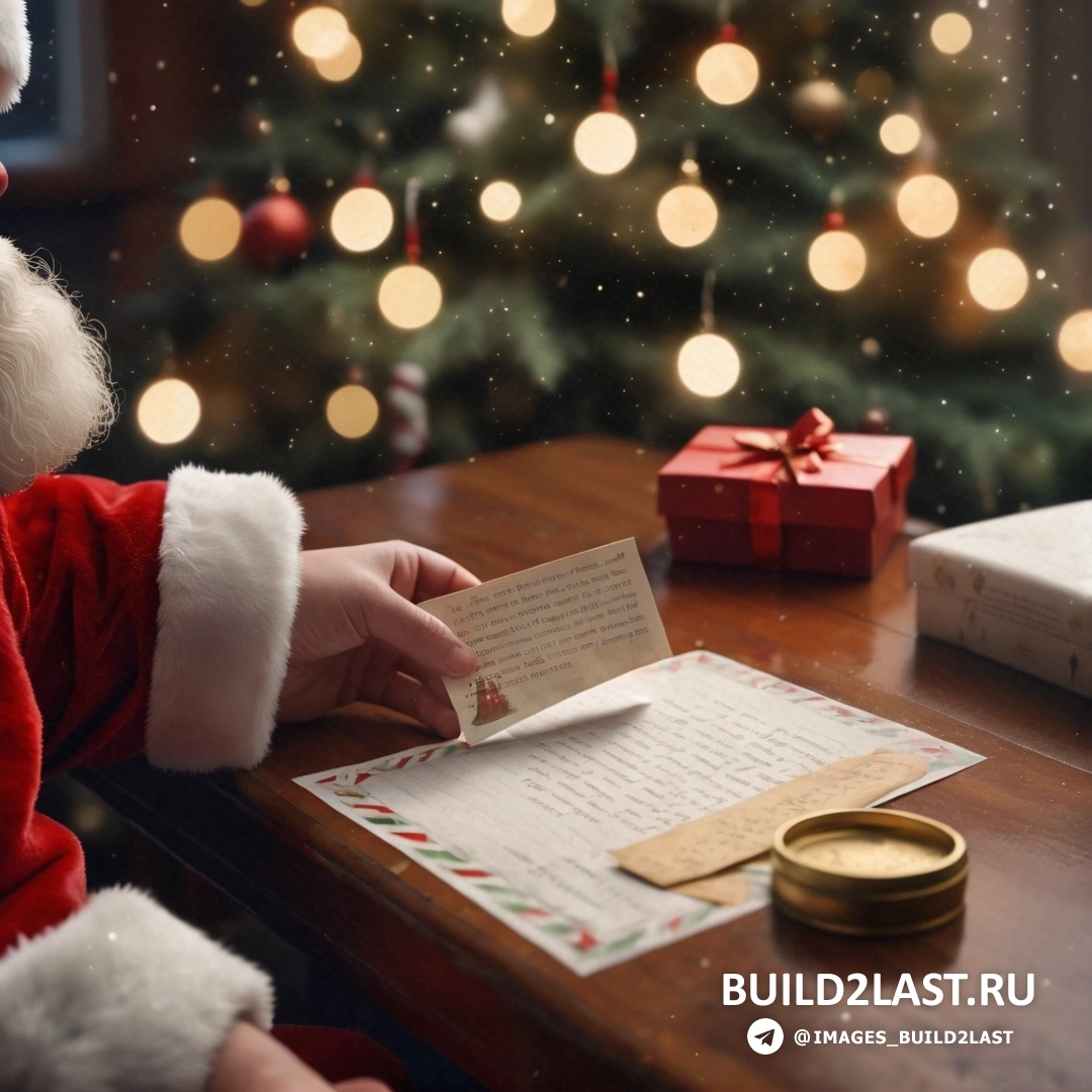 Санта-Клаус за столом с запиской и ручкой в руке и рождественской елкой