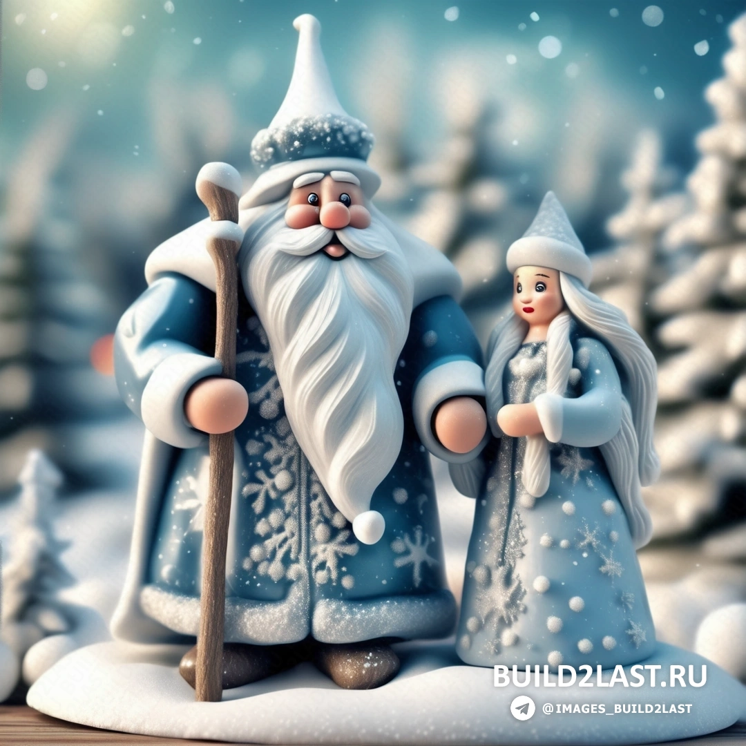 Дед мороз и снегурочка стоят в снегу с санями и деревом