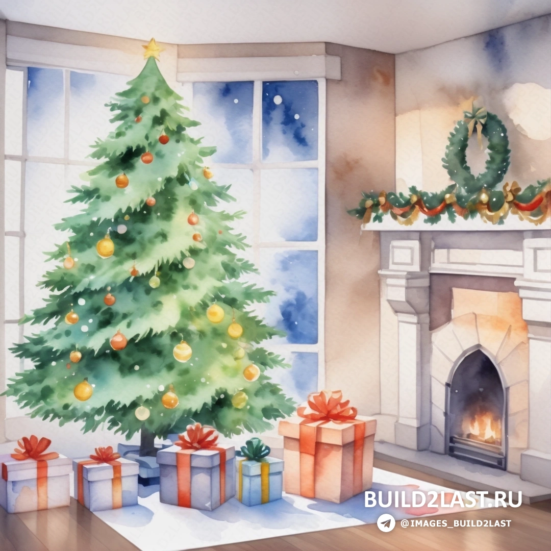 акварельная картина: рождественская елка в гостиной с подарками под зажженным камином и венком