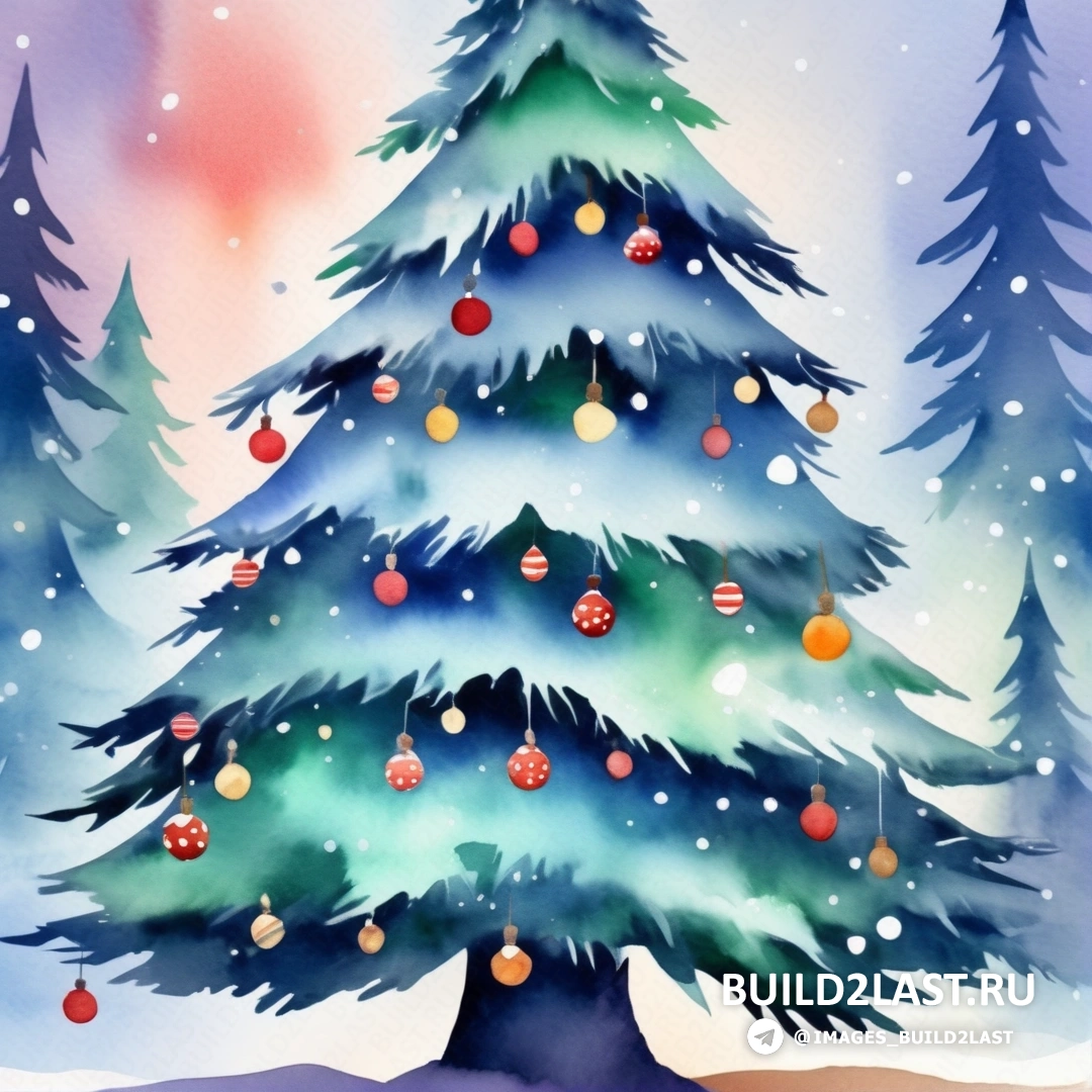 акварельная картина рождественской елки с украшениями на ветвях и снегом на земле