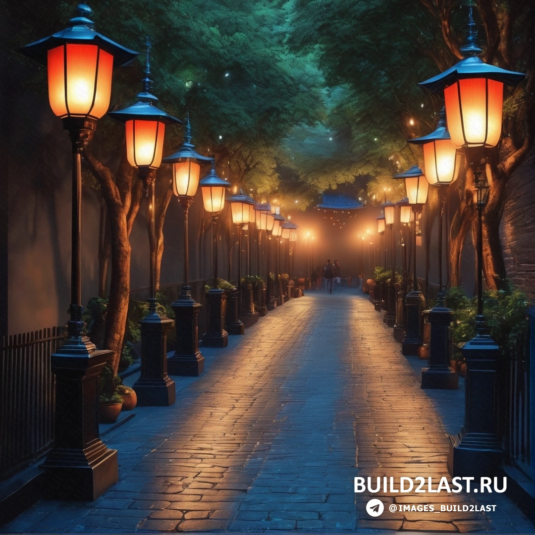Build2Last: магический реализм - детальная матовая живопись. аллея с фонарями и деревьями по обеим сторонам в ночное время с подсветкой аллеи