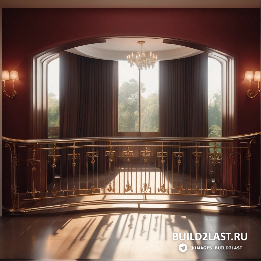 Фотореализм - 3D рендер. Балкон с люстрой и люстрой, свисающей с потолка