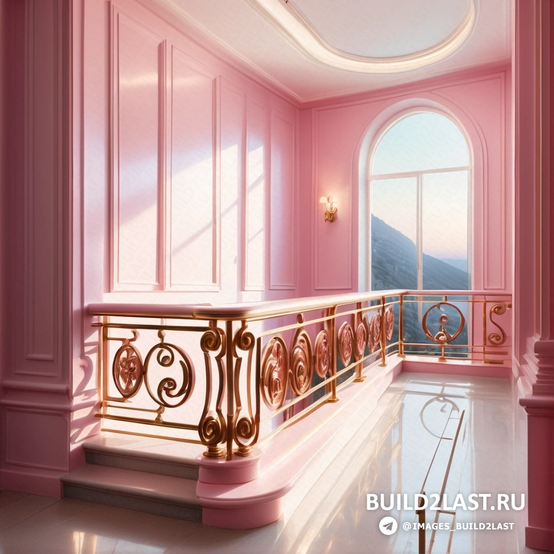 Эстетизм - цифровой рендеринг. Балкон с перилами и окном с видом на горный массив вдалеке