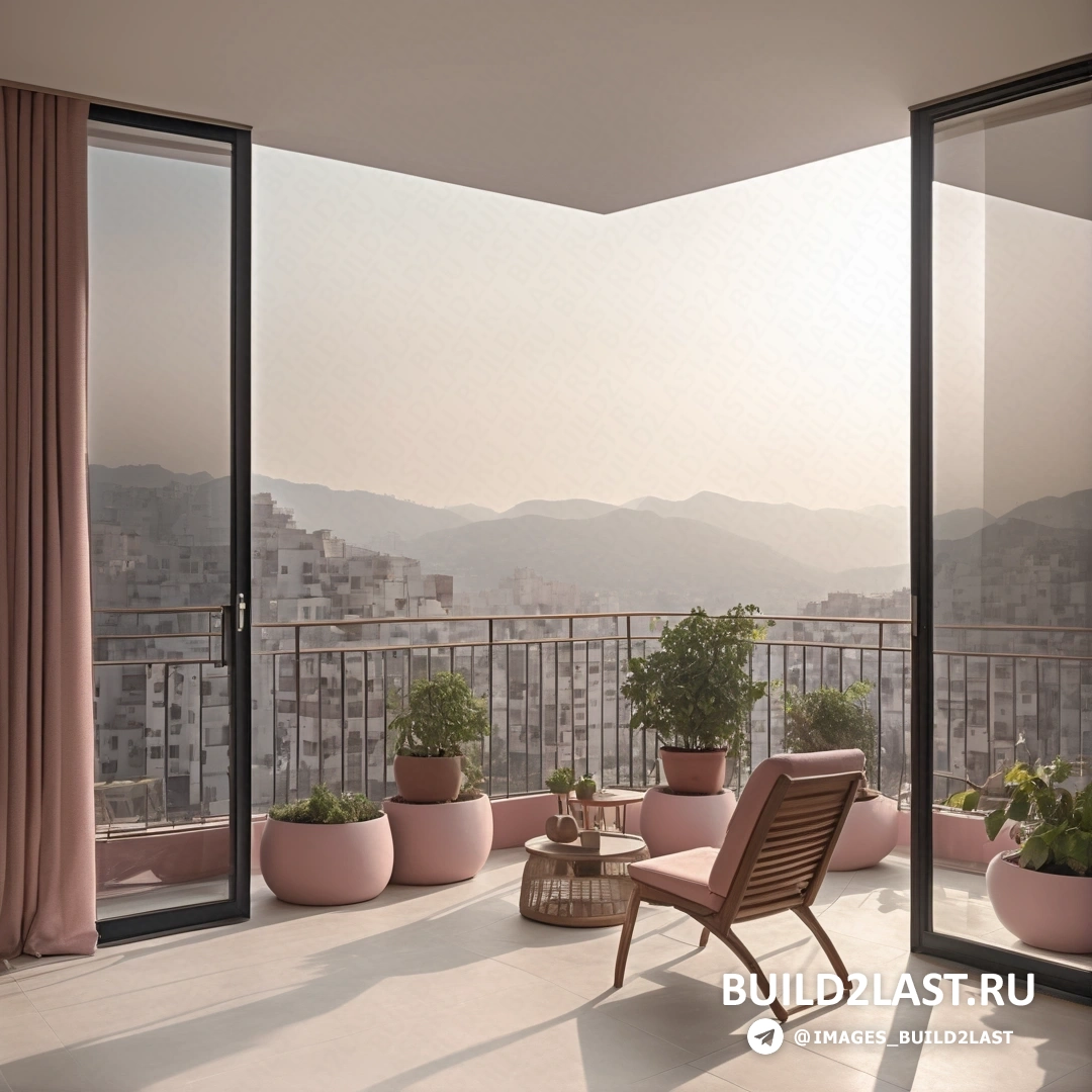Свет и пространство - 3D рендер. Балкон со стулом и столом с горшечными растениями и видом на город.