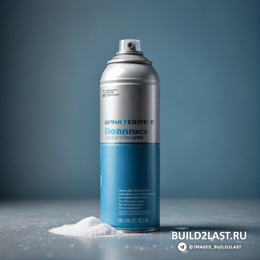 Arbeitsrat für kunst - сверхтонкая детальная живопись. Баллончик с краской на столе с белым порошком на поверхности и синим фоном