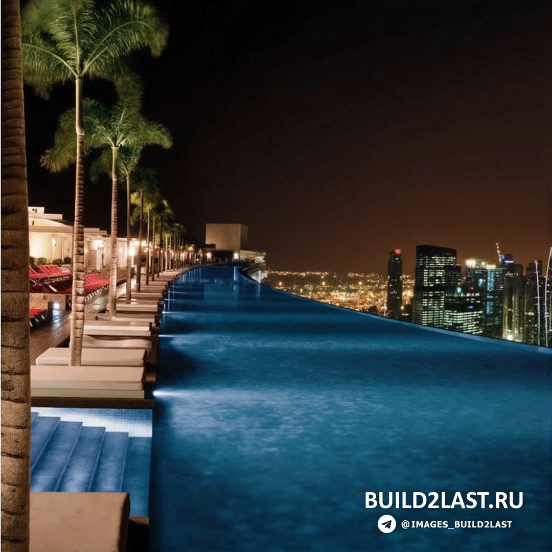 Бассейн на крыше отеля Marina Bay Sands, Сингапур, в бело-голубых тонах.