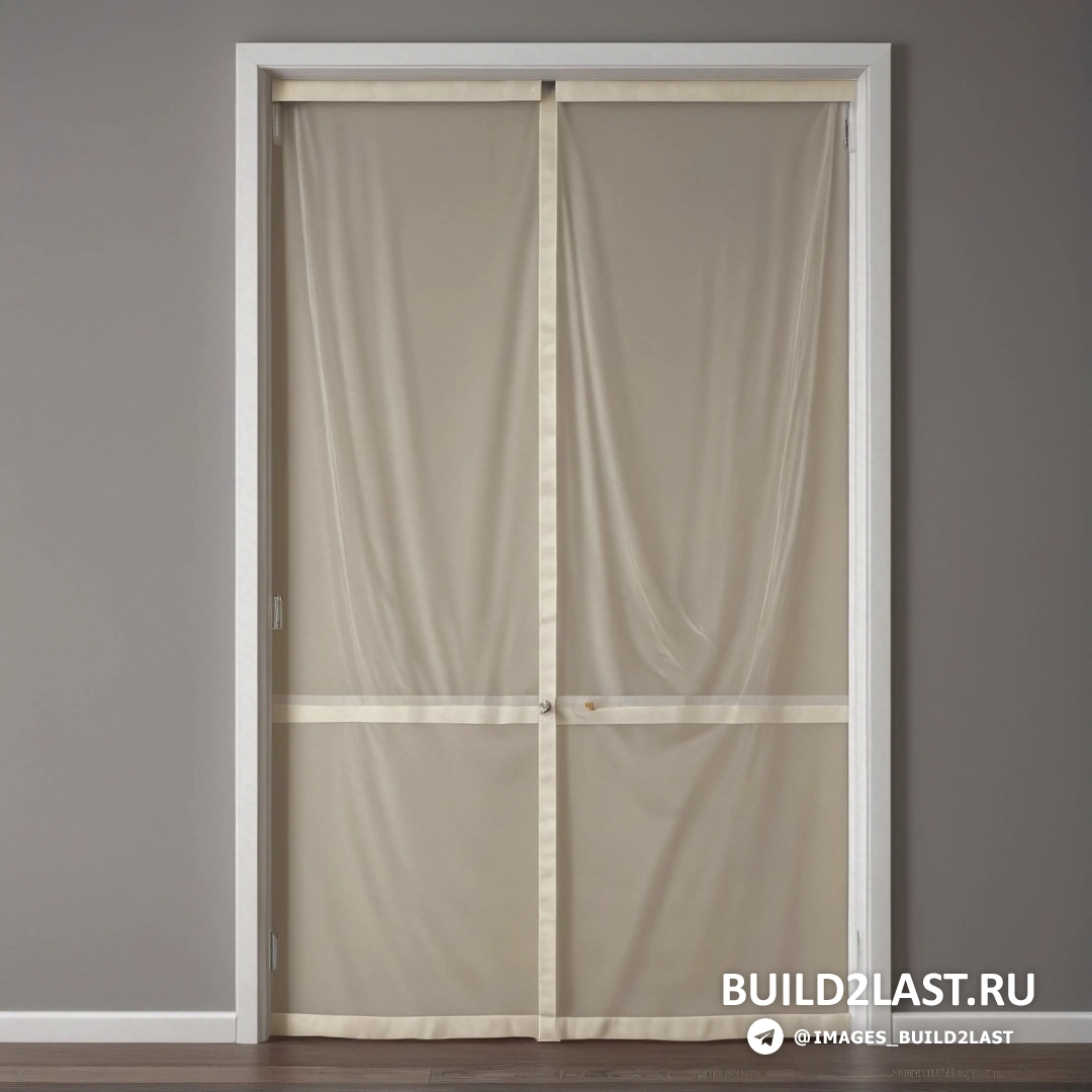 Частная печать - детальная матовая живопись. Белая дверь с занавеской, висящей сбоку, в комнате с деревянным полом и серыми стенами