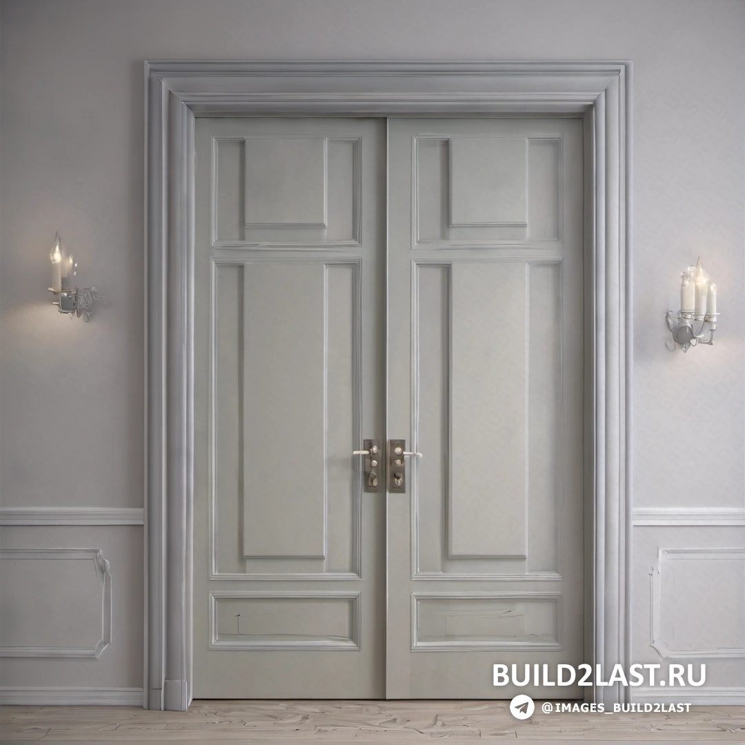 Классический реализм - рендер Ambient occlusion. Белая дверь со стеклянной ручкой в комнате с деревянным полом и двумя настенными светильниками по обе стороны от двери.