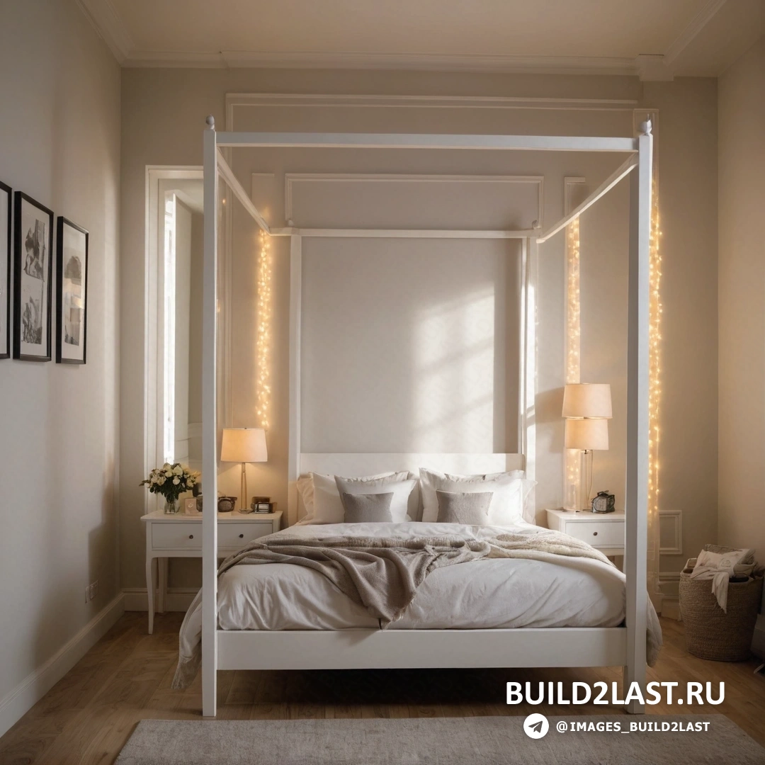 Свет и пространство - цифровая визуализация. Белая кровать с балдахином и белым ковром на полу и белой стеной с картинами на ней