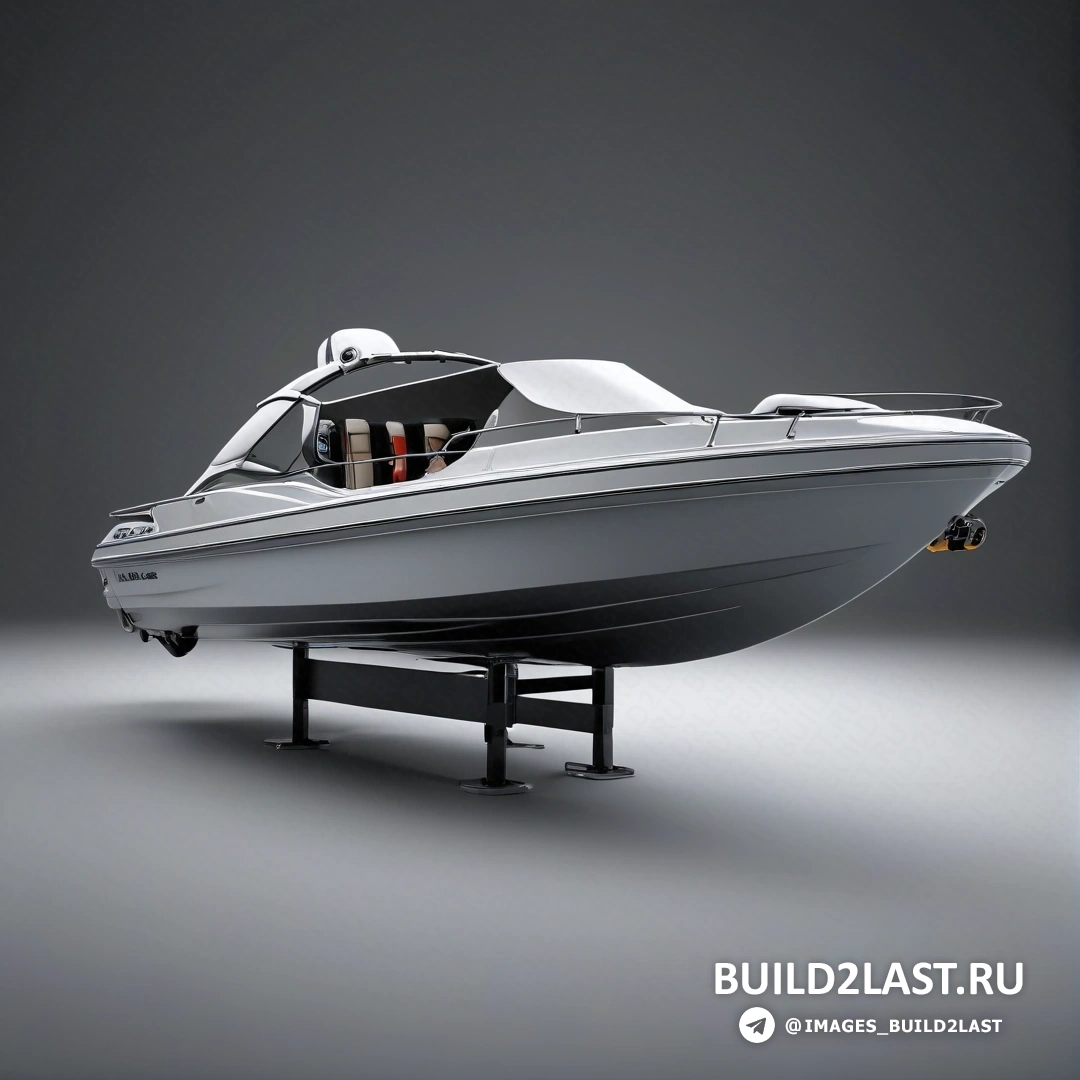Фотореализм - 3D-рендер. Белая лодка стоит на черной подставке на сером фоне