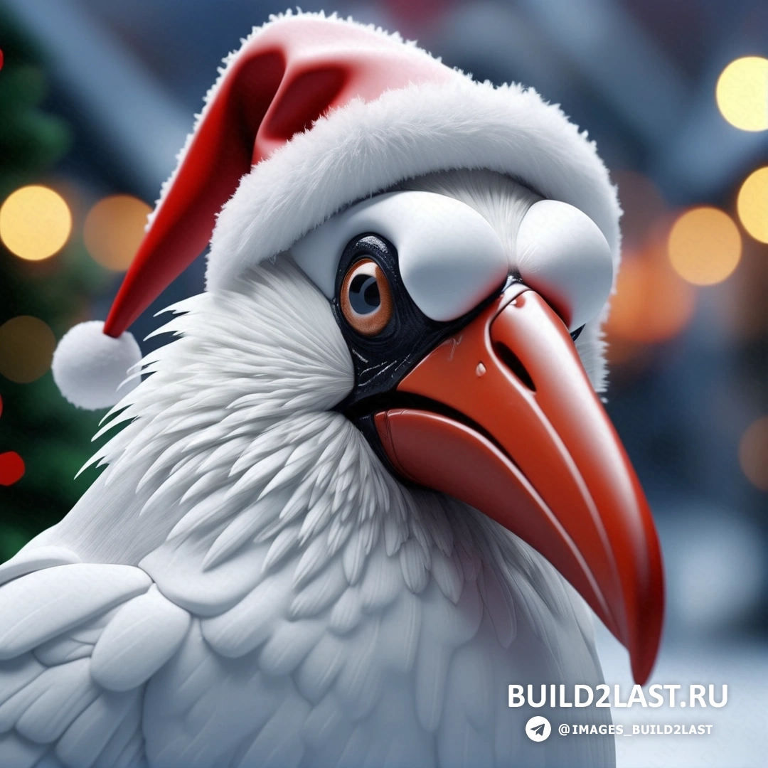 белая птица с красным клювом в шапке Санты и рождественская елка с огнями