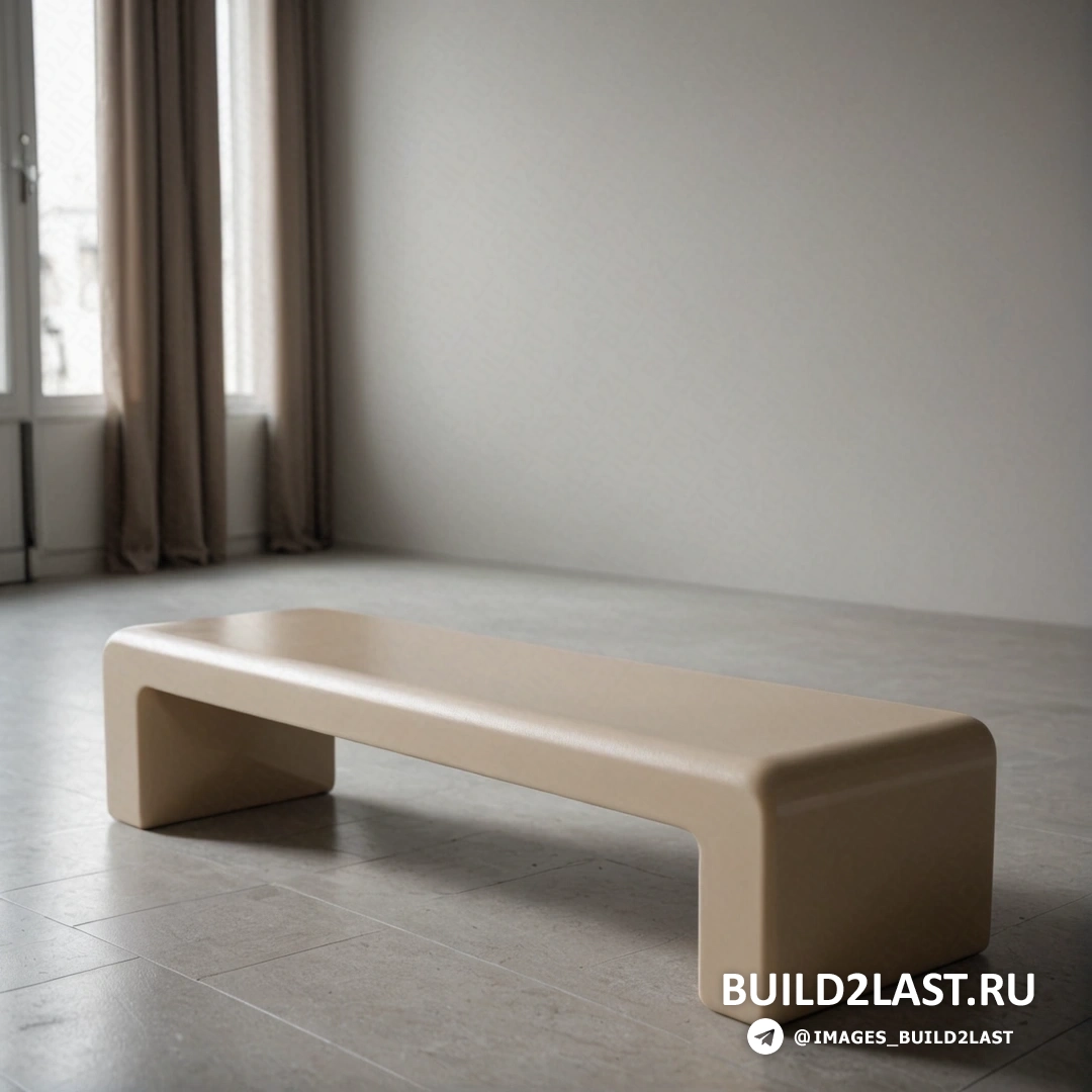 Постминимализм - 3D-рендер. Белая скамейка в комнате рядом с окном со шторами на подоконниках