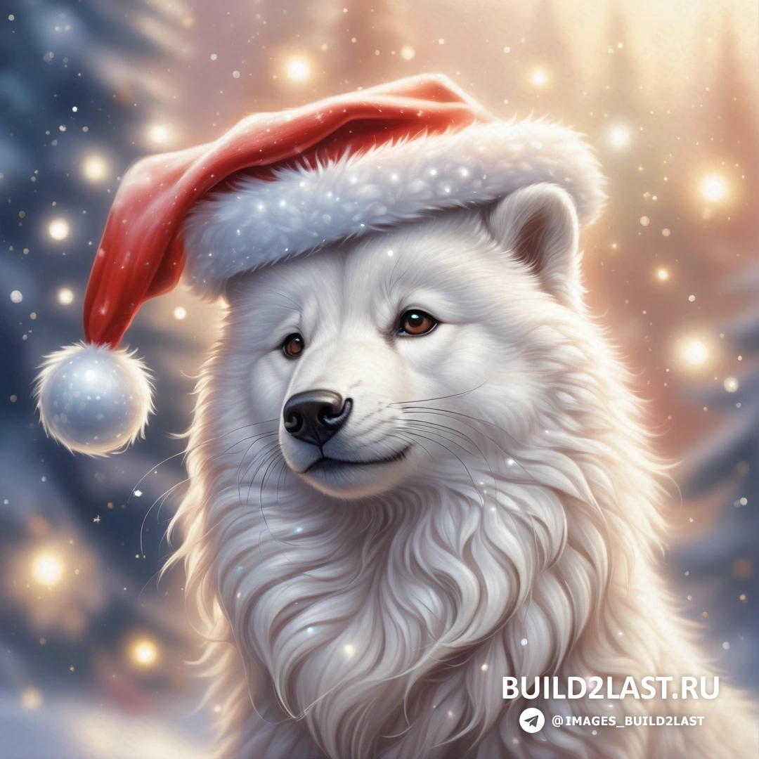 белая собака в шапке Санты на снегу с рождественской елкой со хлопьями снега