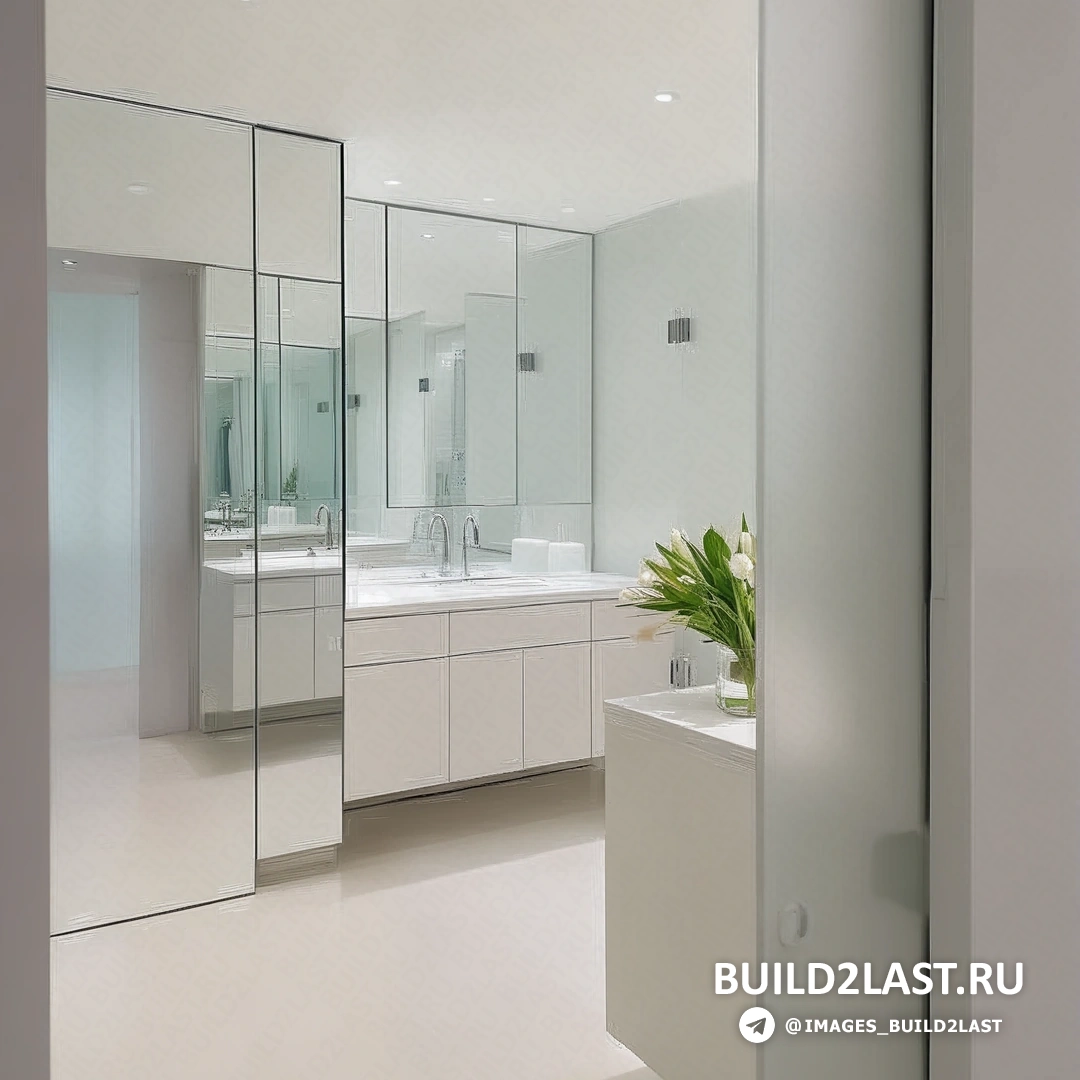 Белая ванная комната с зеркалами, вазами и стеклянными элементами. Ламинат и точечное освещение в минималистичном дизайне.