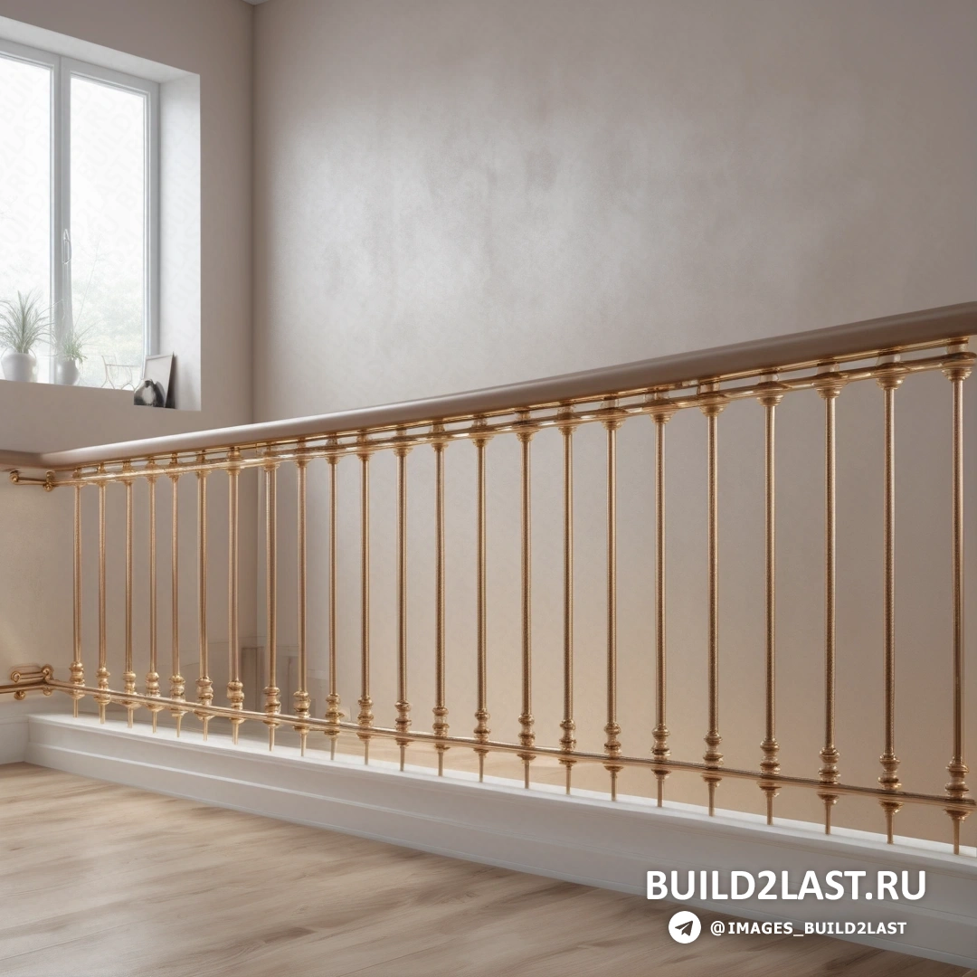 Движение декоративно-прикладного искусства - 3D рендеринг. Бело-золотые перила в комнате с окном, деревянным полом и белой стеной.