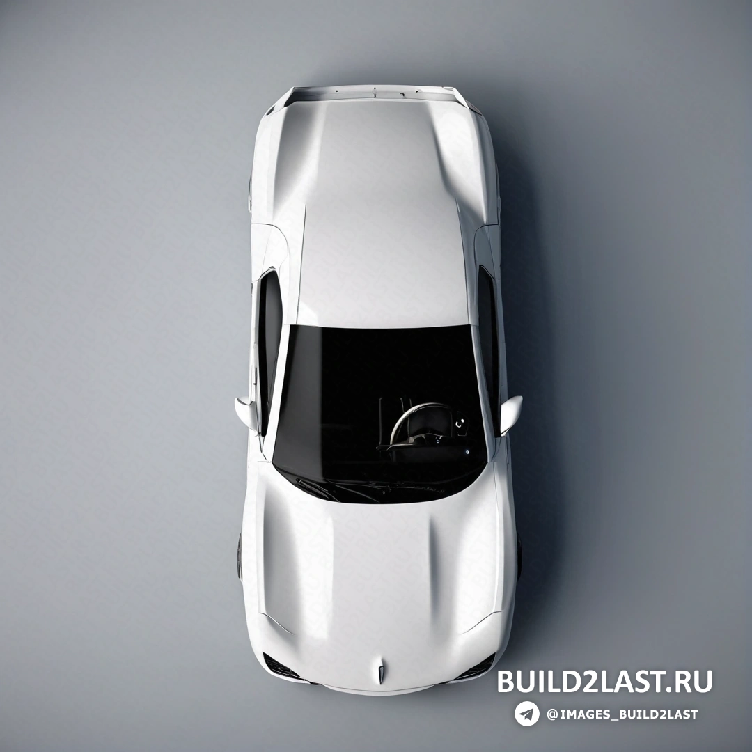 Фотореализм - компьютерная визуализация. Белый автомобиль показан сверху на сером фоне