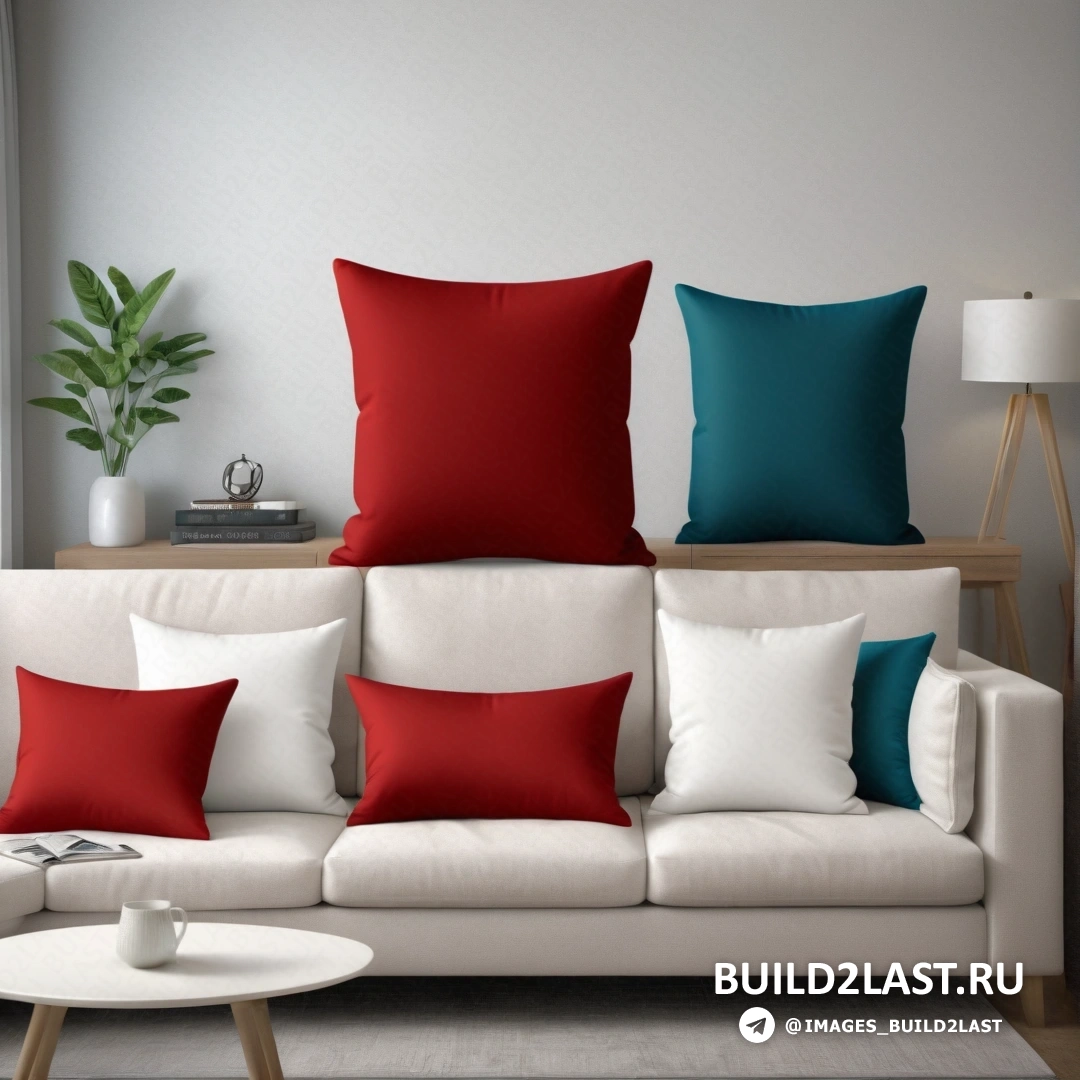 Минимализм - 3D-рендер. Белый диван с красными и бирюзовыми подушками на нем в гостиной с журнальным столиком и растением