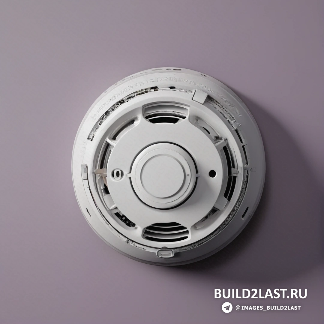 Фотореализм - цифровая визуализация. Белый дымовой извещатель на фиолетовой стене с белой стеной, висящей сбоку, и черным настенным крючком